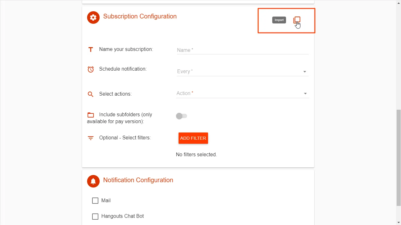 Importar la configuración de suscripciones creadas anteriormente – captura 2