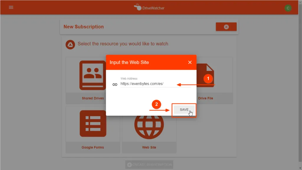 Cómo crear suscripciones web con DriveWatcher – captura 3